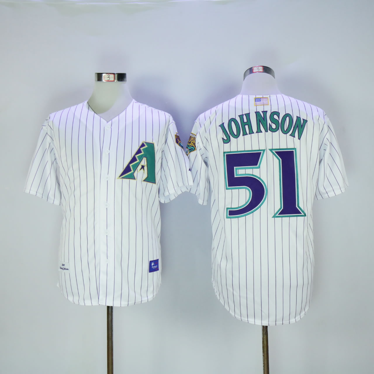 Men Arizona Diamondback #51 Johnson White Stripe Throwback 2001 MLB Jerseys->arizona diamondback->MLB Jersey